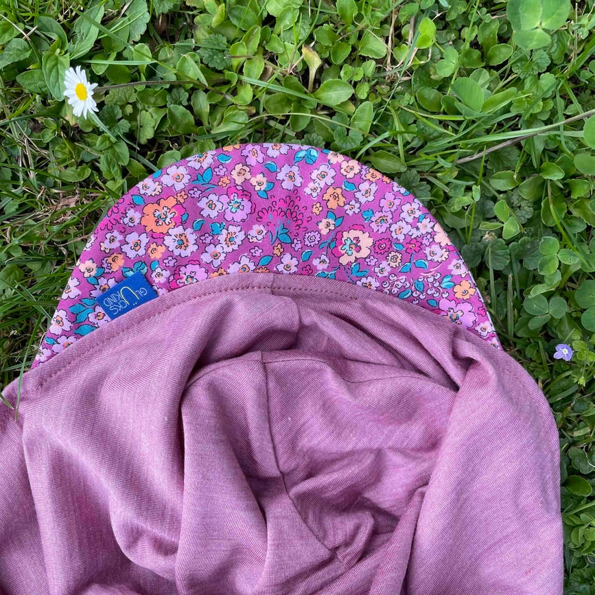 Glückskind Sommerkappe rose mit Blumen limited edition, Merinowolle & Seide (bio/GOTS) (Kopie)