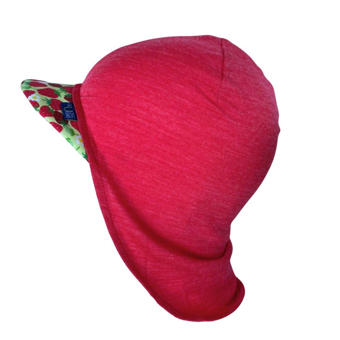 Sommerkappe himbeere mit Erdbeeren limited edition, Merinowolle & Seide (bio/GOTS)