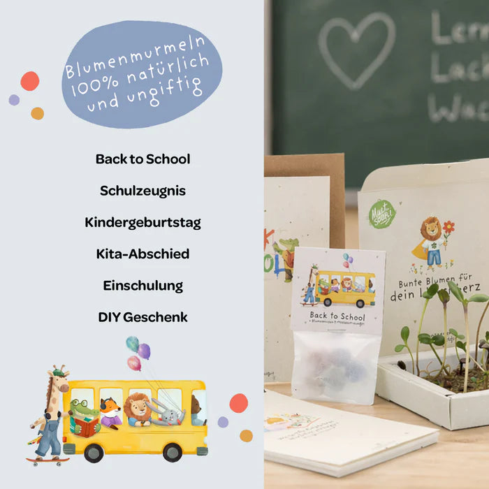 Blumenmurmeln im Tütchen zur Einschulung "Bus"