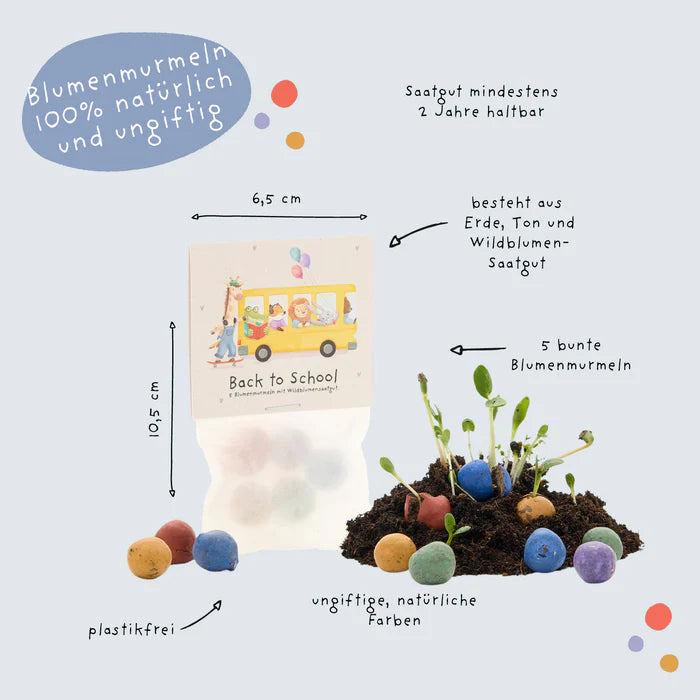 Blumenmurmeln im Tütchen zur Einschulung "Bus"