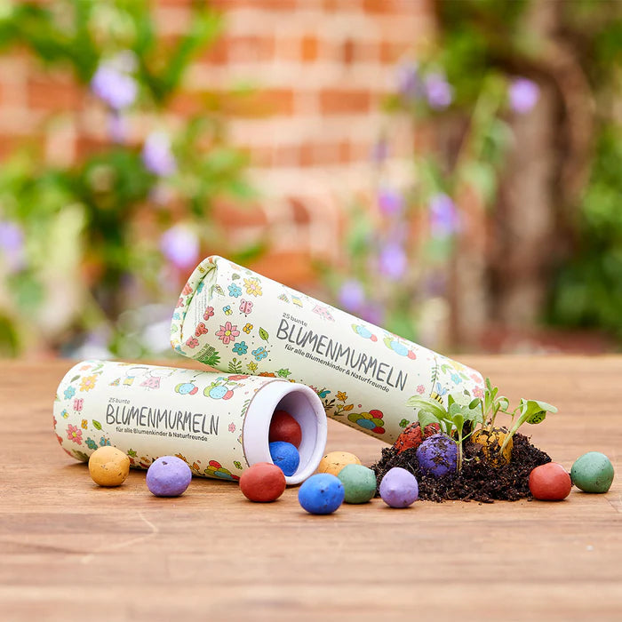 Dose mit 25 bunten Blumenmurmeln